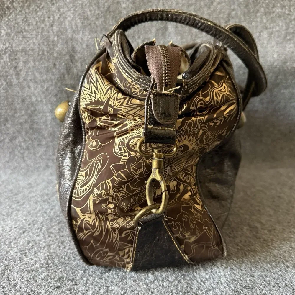 Y2k Ed Hardy 7820 Melrose Brown Studded Satchel Top Handle Bag Graphic Print - Picture 5 of 13